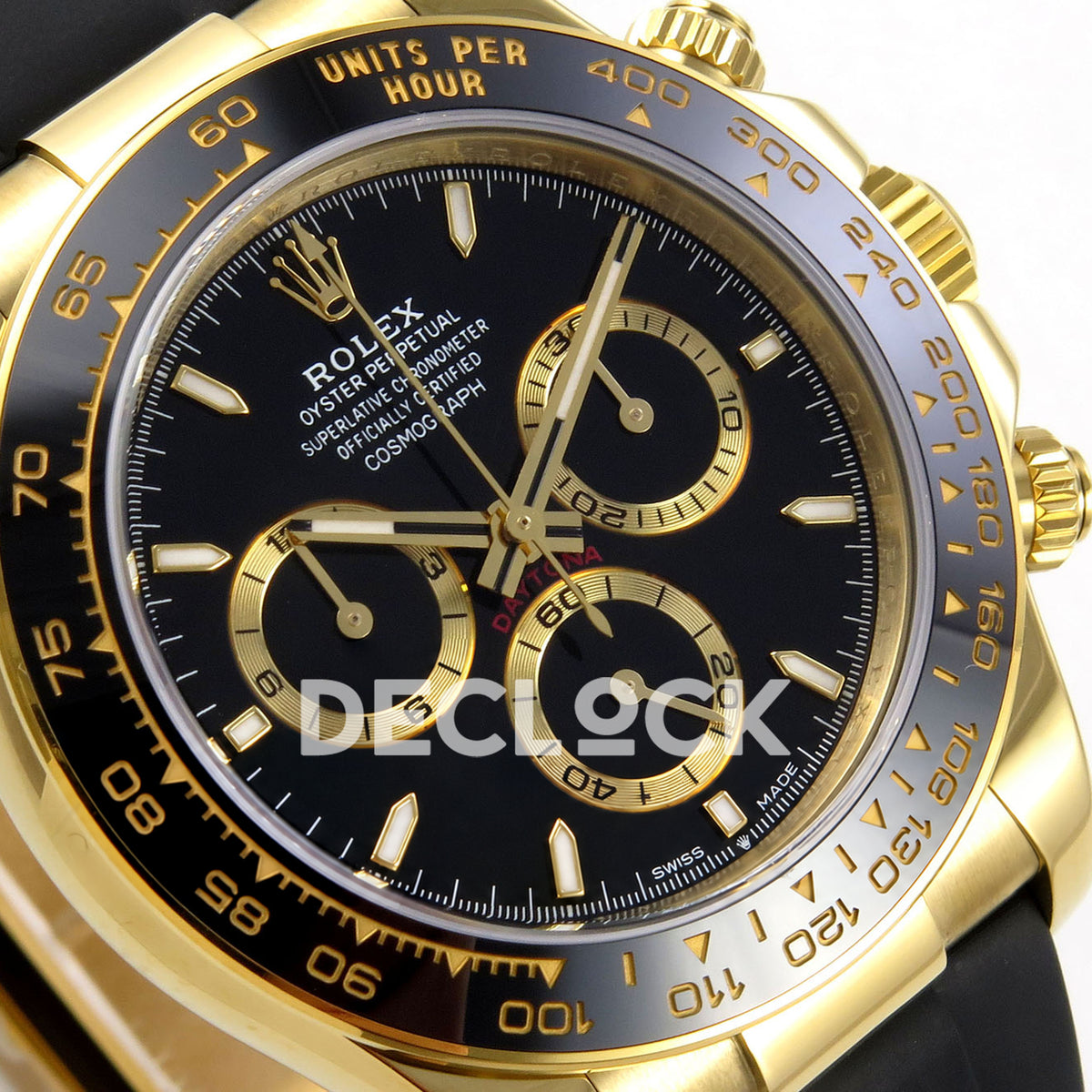 Rolex Daytona 126518 ZF replica - angled black dial and yellow-gold chronograph counter rings close-up