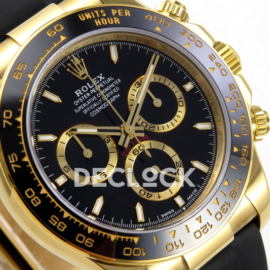 Rolex Daytona 126518 ZF replica - angled black dial and yellow-gold chronograph counter rings close-up