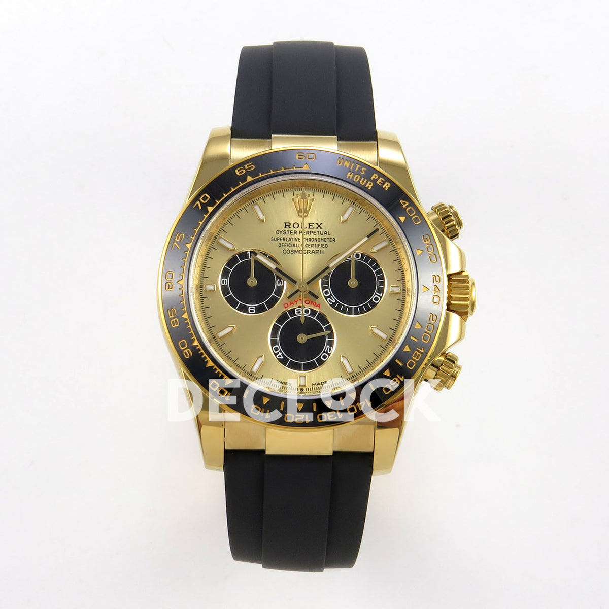 Rolex Daytona 126518 ZF replica - front view of gold-tone dial, black subdials and black Oysterflex-style strap