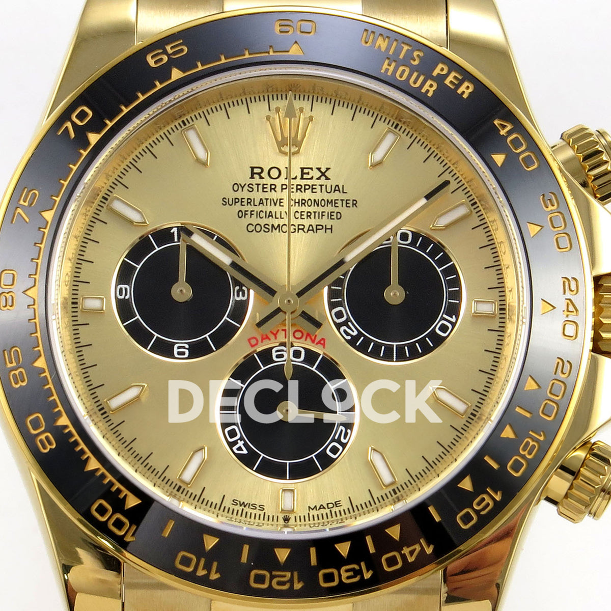Rolex Daytona 126518 ZF replica - gold-tone dial, black subdials and ceramic tachymeter bezel close-up