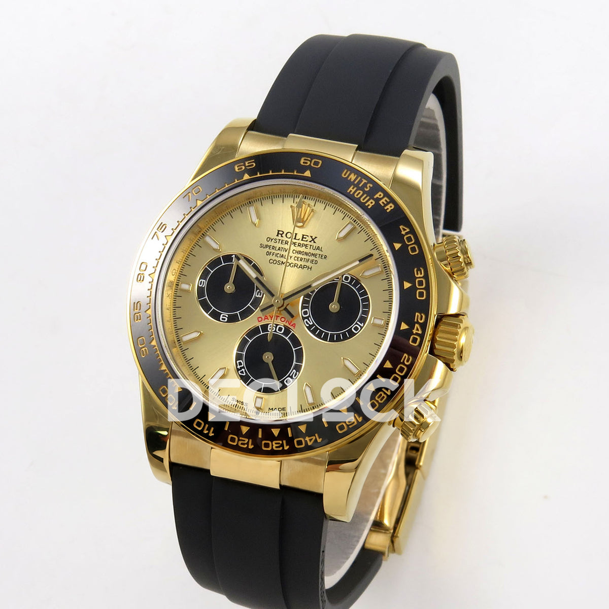 Rolex Daytona 126518 ZF replica - angled front view with yellow-gold-finish case and black rubber strap