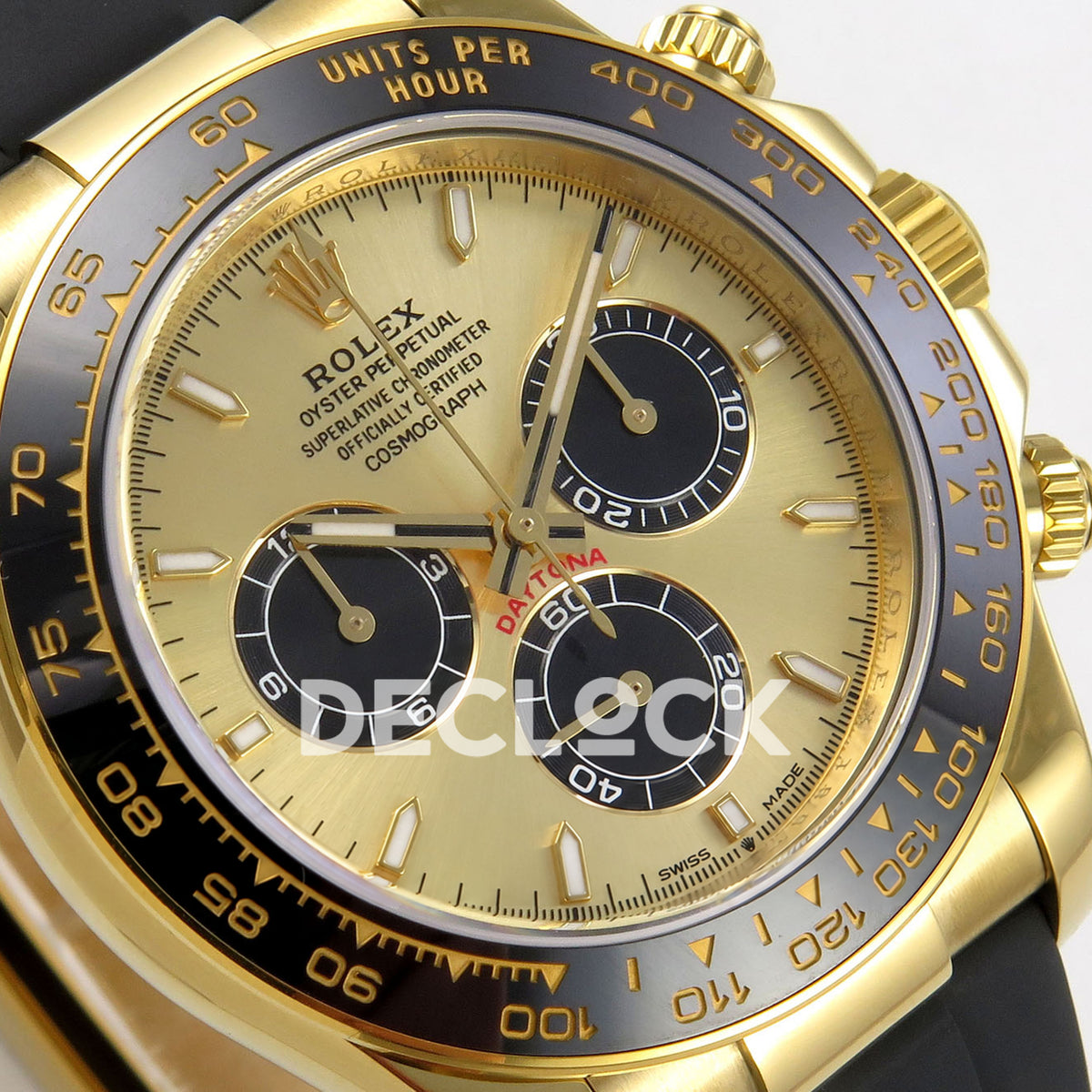Rolex Daytona 126518 ZF replica - angled gold-tone dial and black chronograph subdials close-up