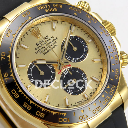 Rolex Daytona 126518 ZF replica - angled gold-tone dial and black chronograph subdials close-up