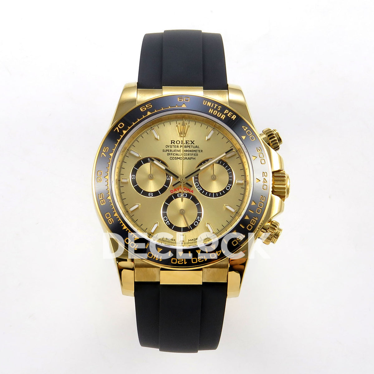 Rolex Daytona 126518 ZF replica - front view of gold-tone dial, black counter rings and black Oysterflex-style strap