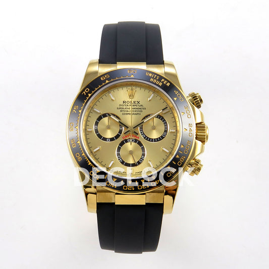 Rolex Daytona 126518 ZF replica - front view of gold-tone dial, black counter rings and black Oysterflex-style strap