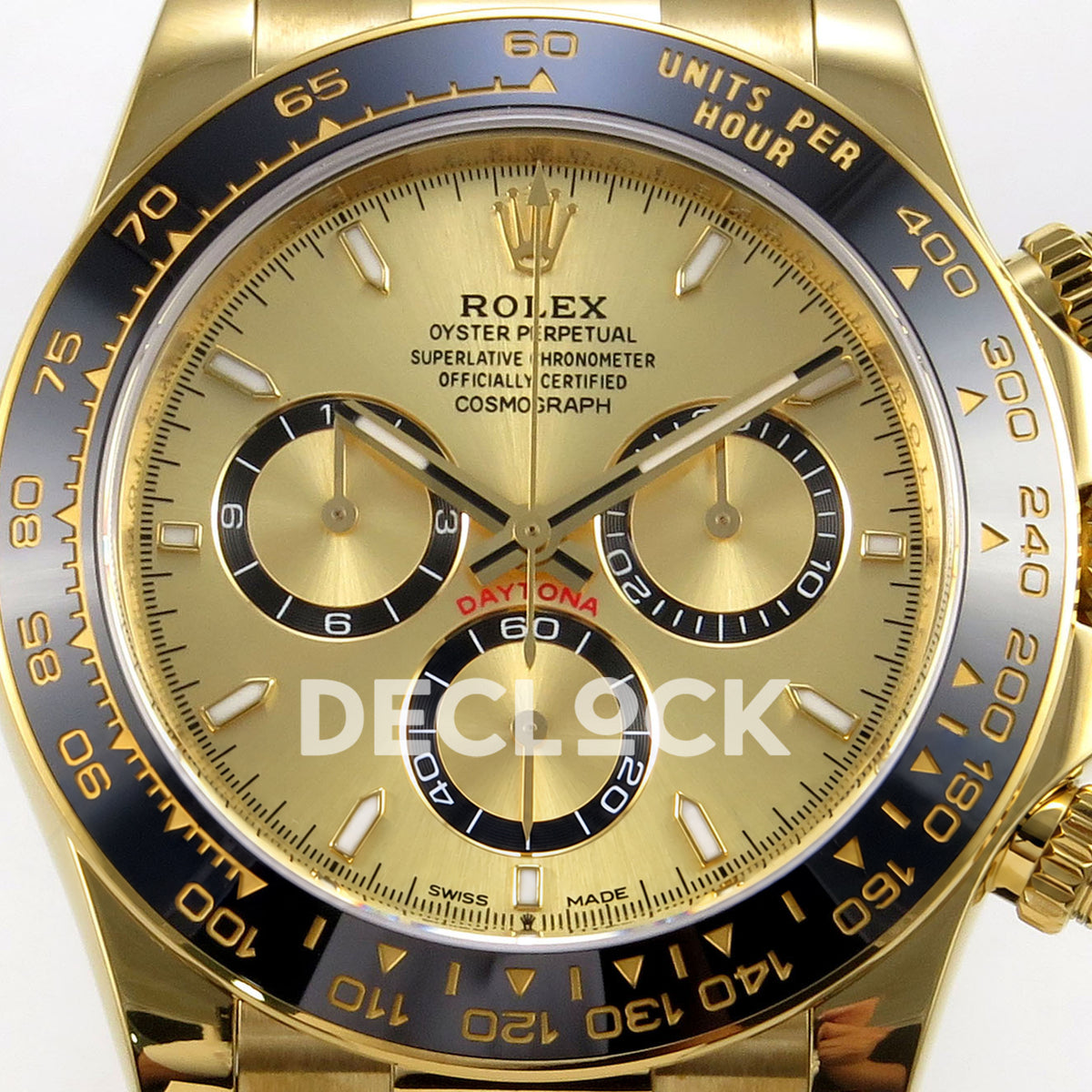 Rolex Daytona 126518 ZF replica - gold-tone dial, black counter rings and ceramic tachymeter bezel close-up