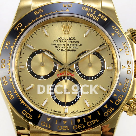 Rolex Daytona 126518 ZF replica - gold-tone dial, black counter rings and ceramic tachymeter bezel close-up