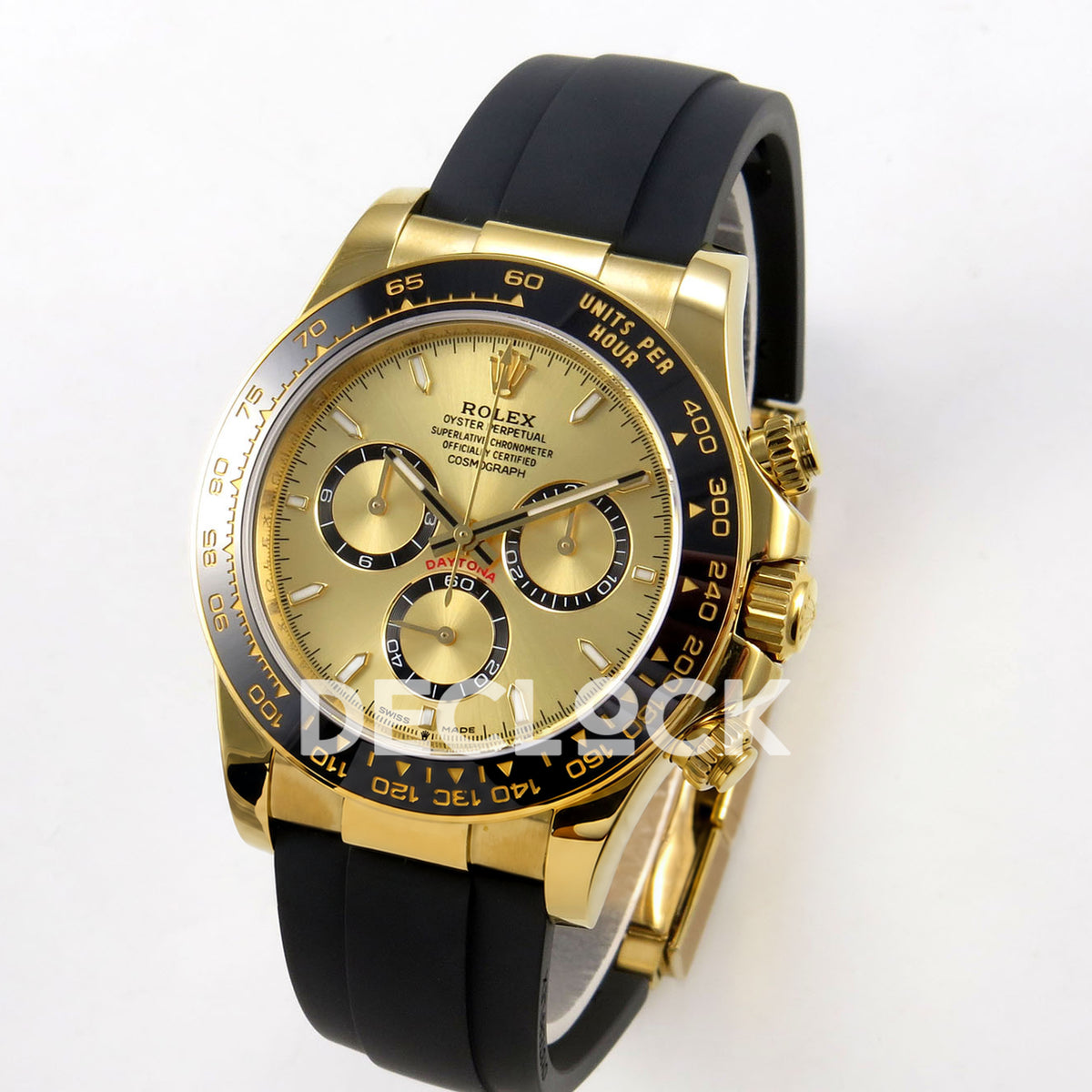 Rolex Daytona 126518 ZF replica - angled front view with yellow-gold-finish case and black rubber strap