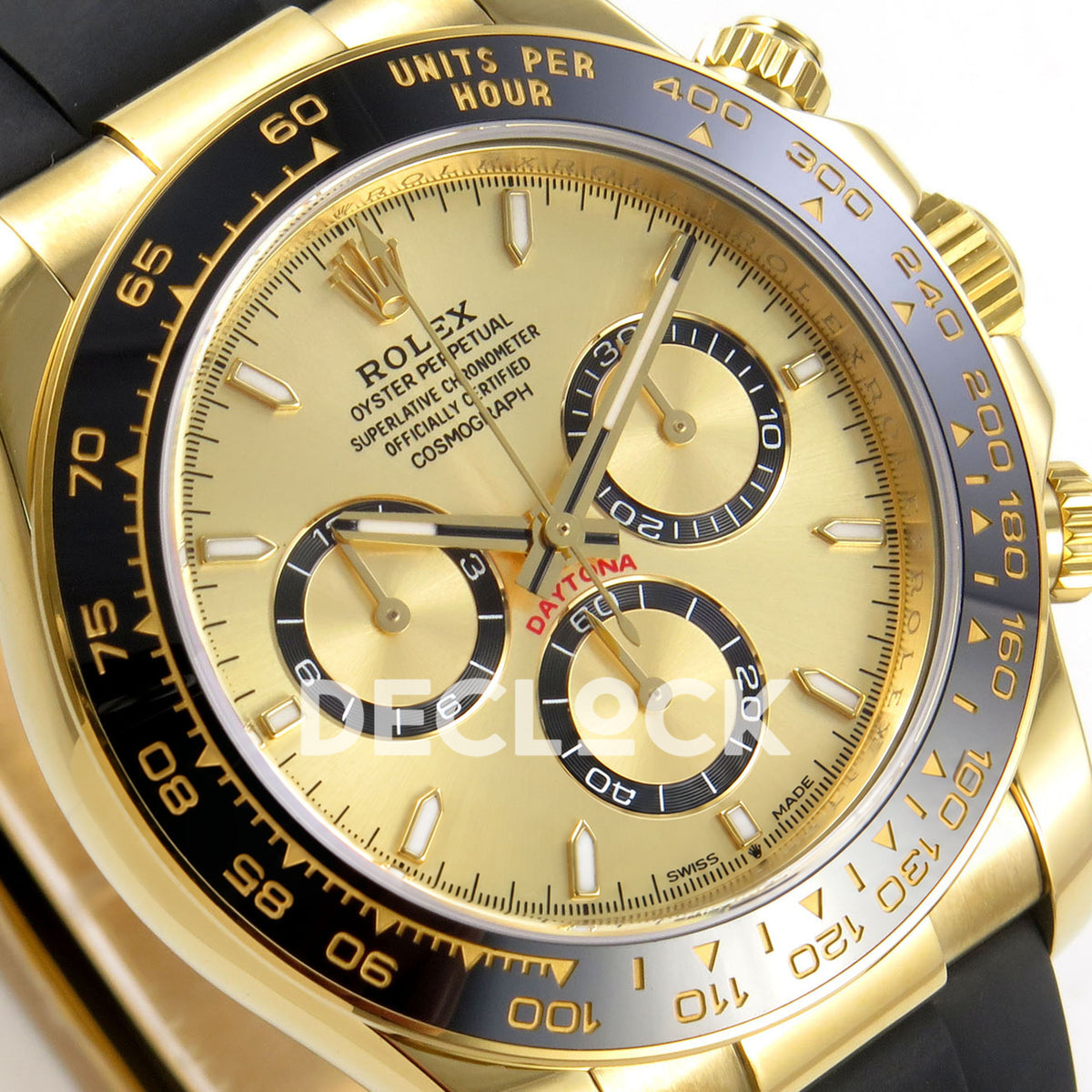 Rolex Daytona 126518 ZF replica - angled gold-tone dial and black chronograph counter rings close-up
