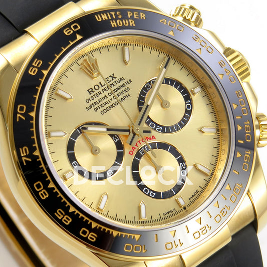 Rolex Daytona 126518 ZF replica - angled gold-tone dial and black chronograph counter rings close-up