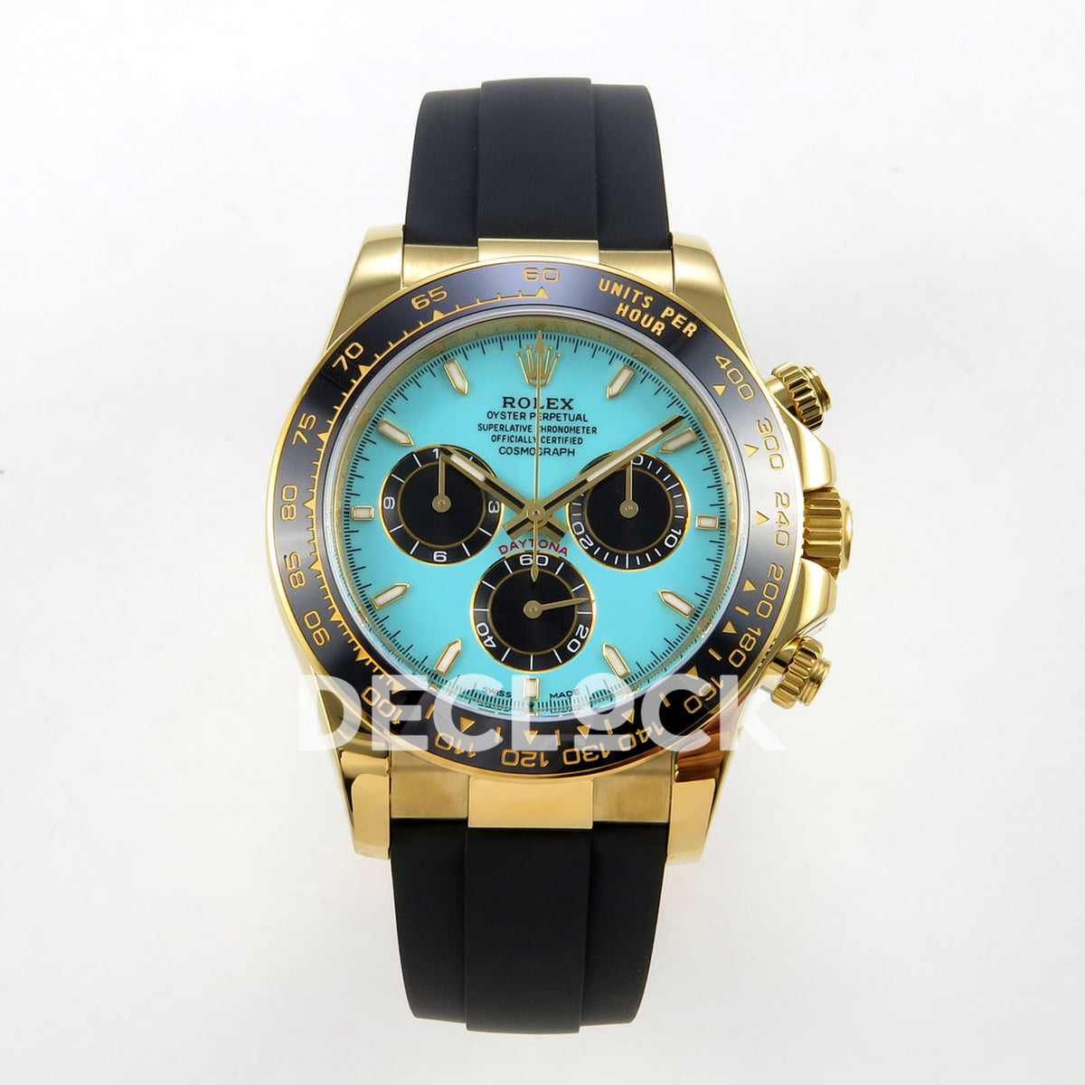 Rolex Daytona 126518 ZF replica - front view of turquoise dial, black subdials and black Oysterflex-style strap
