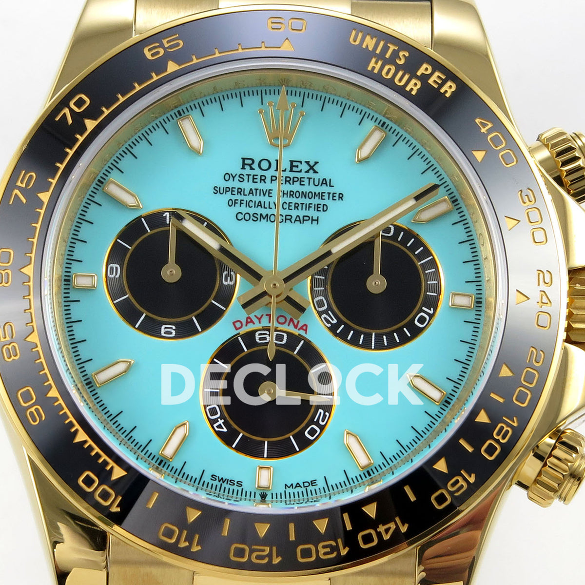 Rolex Daytona 126518 ZF replica - turquoise dial, black subdials and ceramic tachymeter bezel close-up