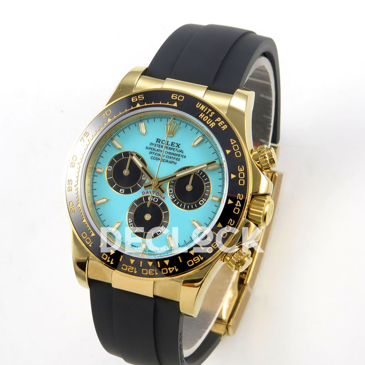 Rolex Daytona 126518 ZF replica - angled front view with yellow-gold-finish case and black rubber strap