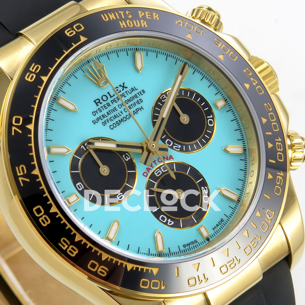 Rolex Daytona 126518 ZF replica - angled turquoise dial and black chronograph subdials close-up
