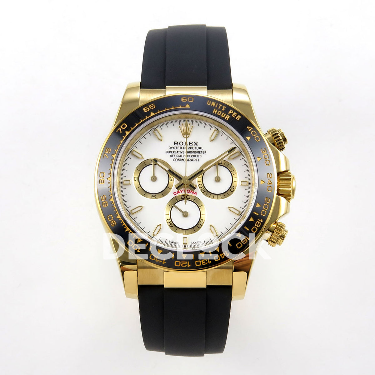Rolex Daytona 126518 ZF replica - front view of white dial, yellow-gold counter rings and black Oysterflex-style strap