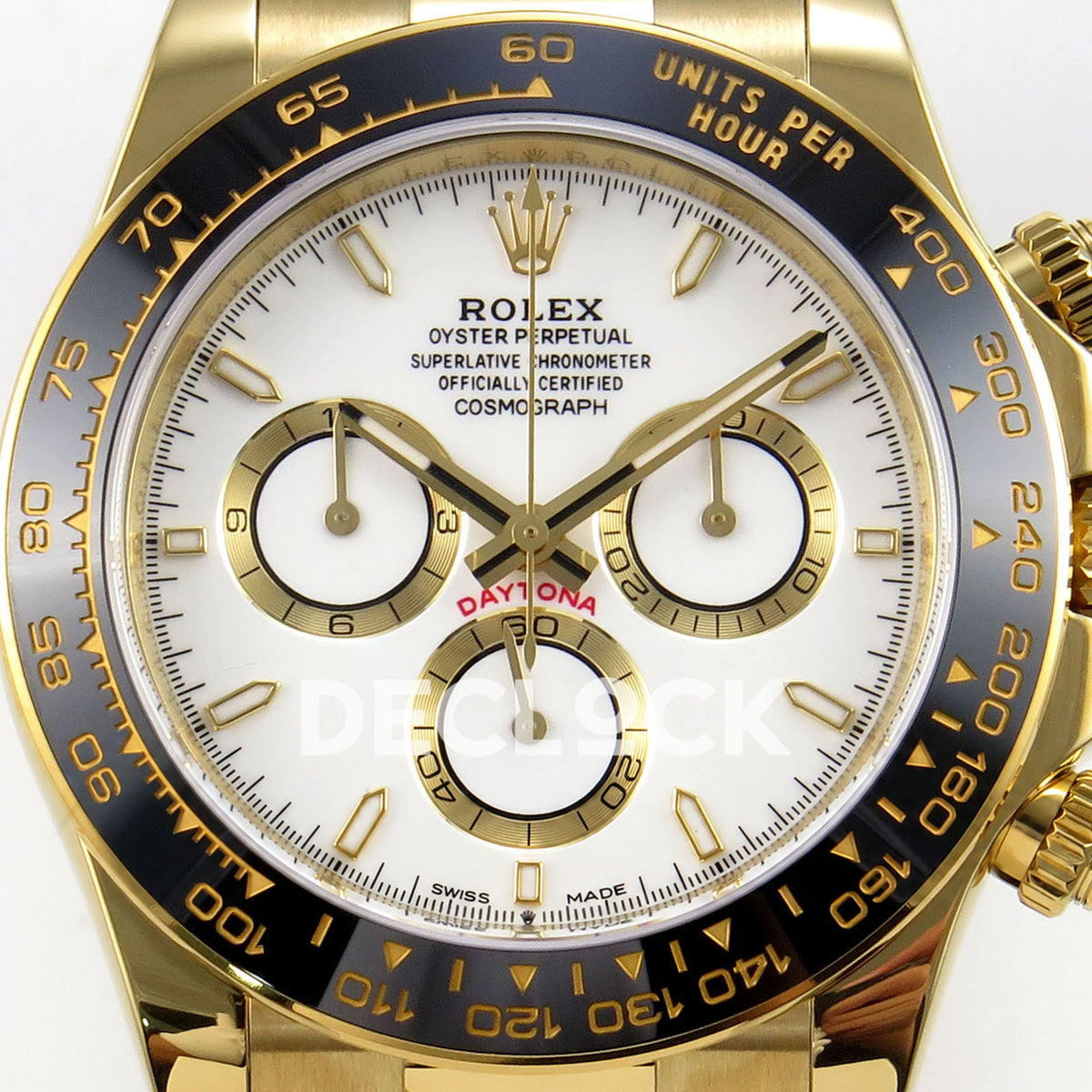 Rolex Daytona 126518 ZF replica - white dial, yellow-gold counter rings and ceramic tachymeter bezel close-up