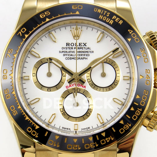 Rolex Daytona 126518 ZF replica - white dial, yellow-gold counter rings and ceramic tachymeter bezel close-up