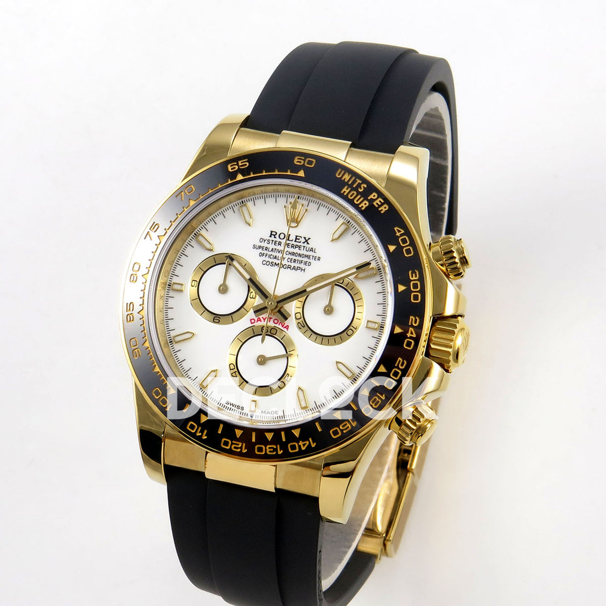 Rolex Daytona 126518 ZF replica - angled front view with yellow-gold-finish case and black rubber strap