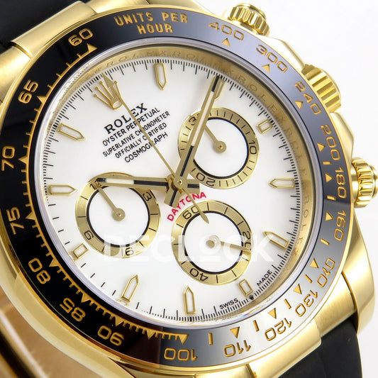 Rolex Daytona 126518 ZF replica - angled white dial and yellow-gold chronograph counter rings close-up