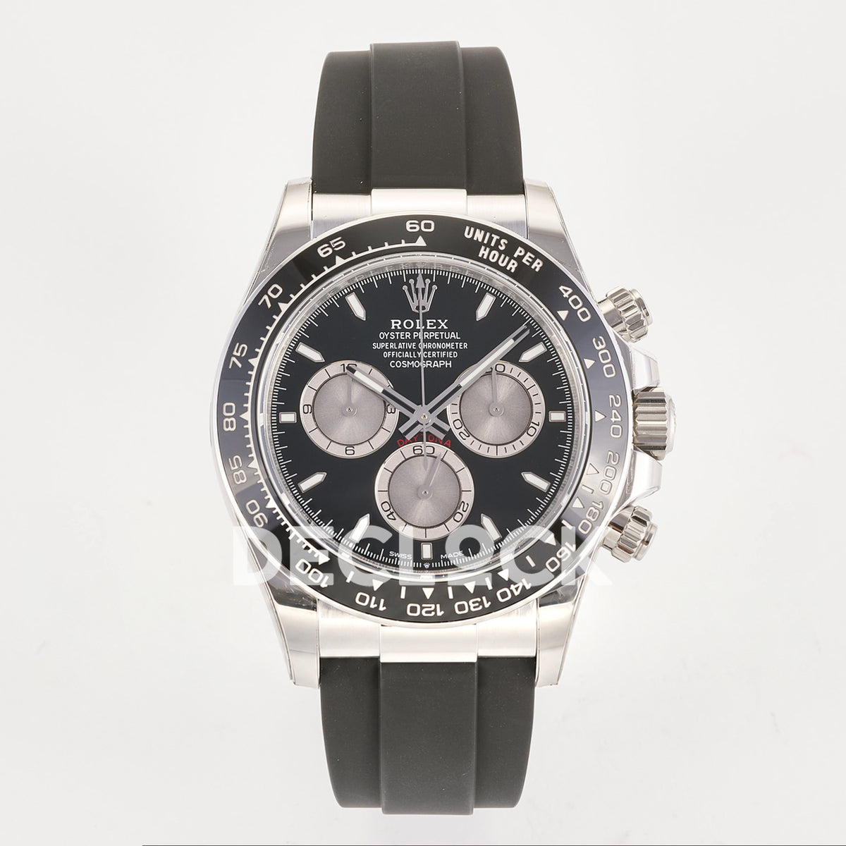 Rolex Daytona 126519 ARF replica - front view of black dial with silver chronograph counters and black Oysterflex strap