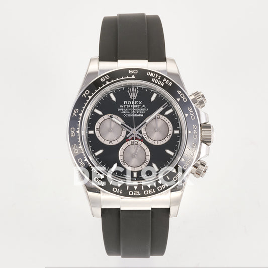 Rolex Daytona 126519 ARF replica - front view of black dial with silver chronograph counters and black Oysterflex strap