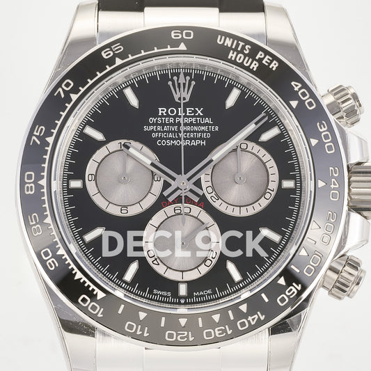 Rolex Daytona 126519 ARF replica - black dial with silver chronograph counters, silver hands and luminous baton hour markers close-up