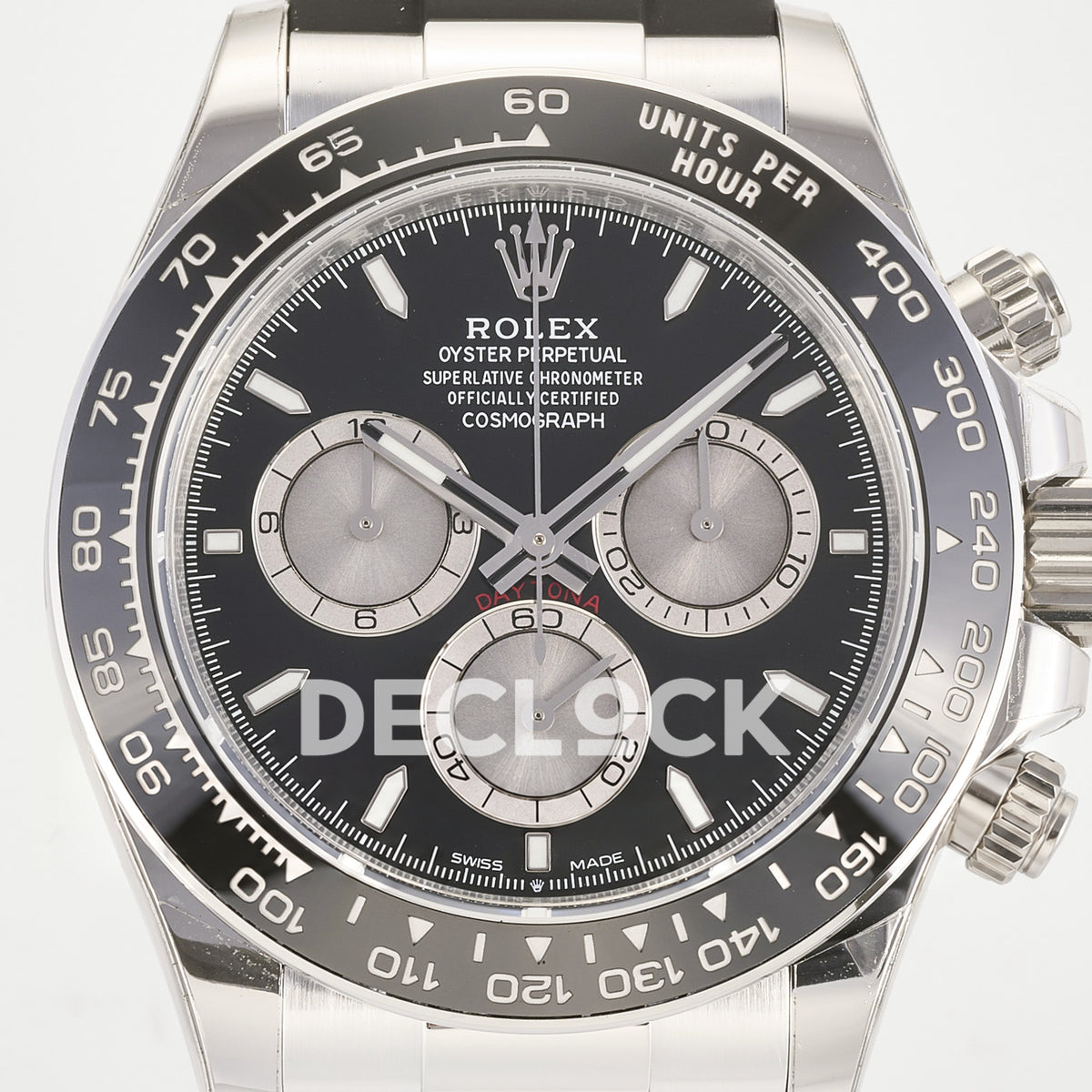 Rolex Daytona 126519 ARF replica - black dial with silver chronograph counters, silver hands and luminous baton hour markers close-up
