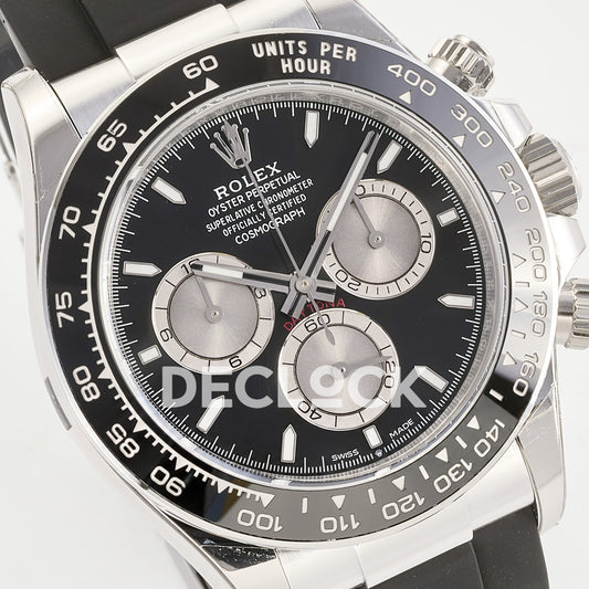 Rolex Daytona 126519 ARF replica - angled black dial with silver chronograph counters close-up