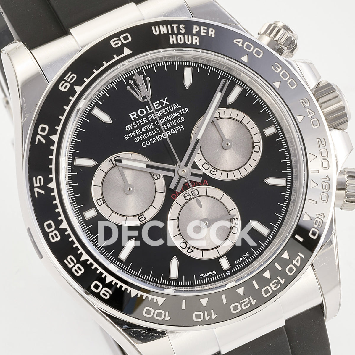 Rolex Daytona 126519 ARF replica - angled black dial with silver chronograph counters close-up