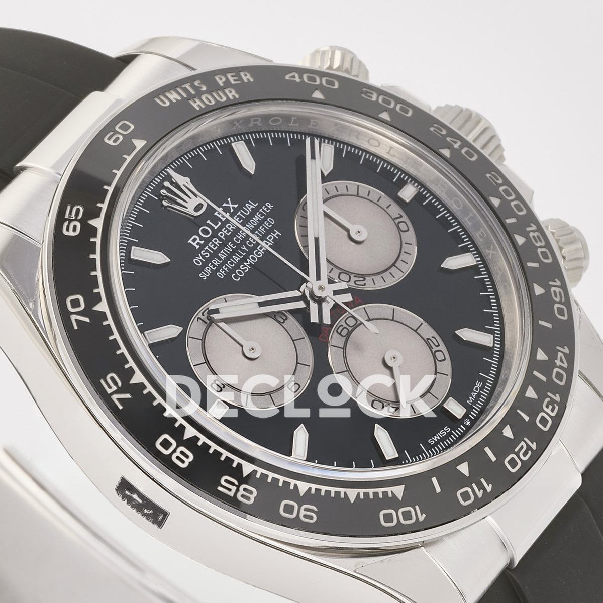 Rolex Daytona 126519 ARF replica - black dial with silver chronograph counters, luminous baton markers and tachymeter detail