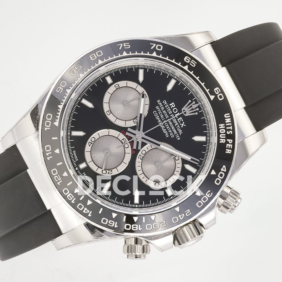 Rolex Daytona 126519 ARF replica - original black dial with silver chronograph counters, black ceramic tachymeter bezel and black Oysterflex strap, horizontal angled view