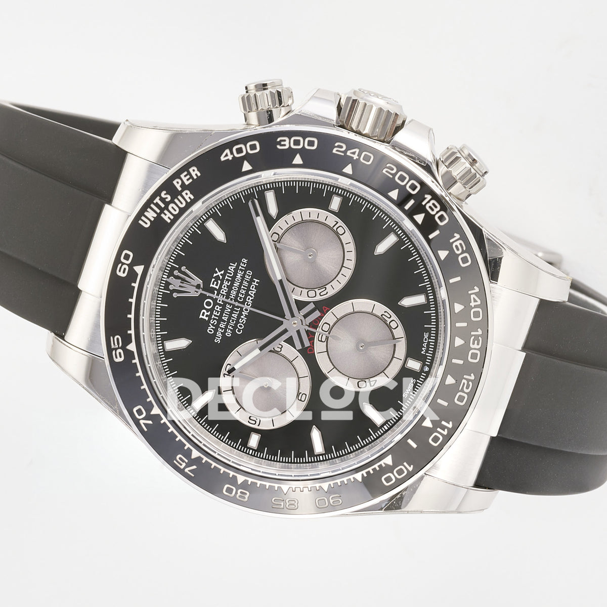 Rolex Daytona 126519 ARF replica - opposite horizontal view of original black dial, silver chronograph counters and black Oysterflex strap