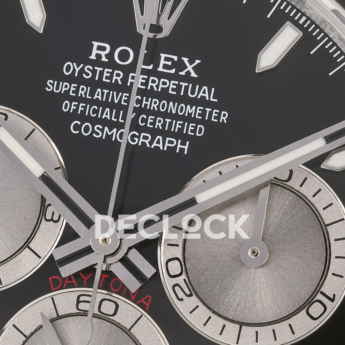 Rolex Daytona 126519 ARF replica - original silver hands, black dial with white Rolex text, red DAYTONA inscription and silver chronograph counter detail