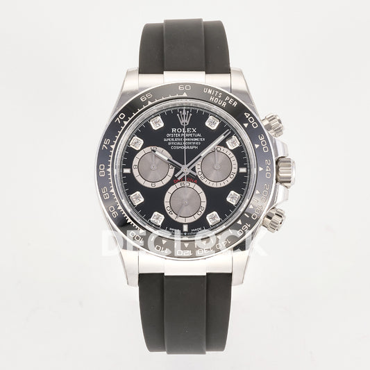 Rolex Daytona 126519 ARF replica - front view of black dial, silver counters and Oysterflex strap