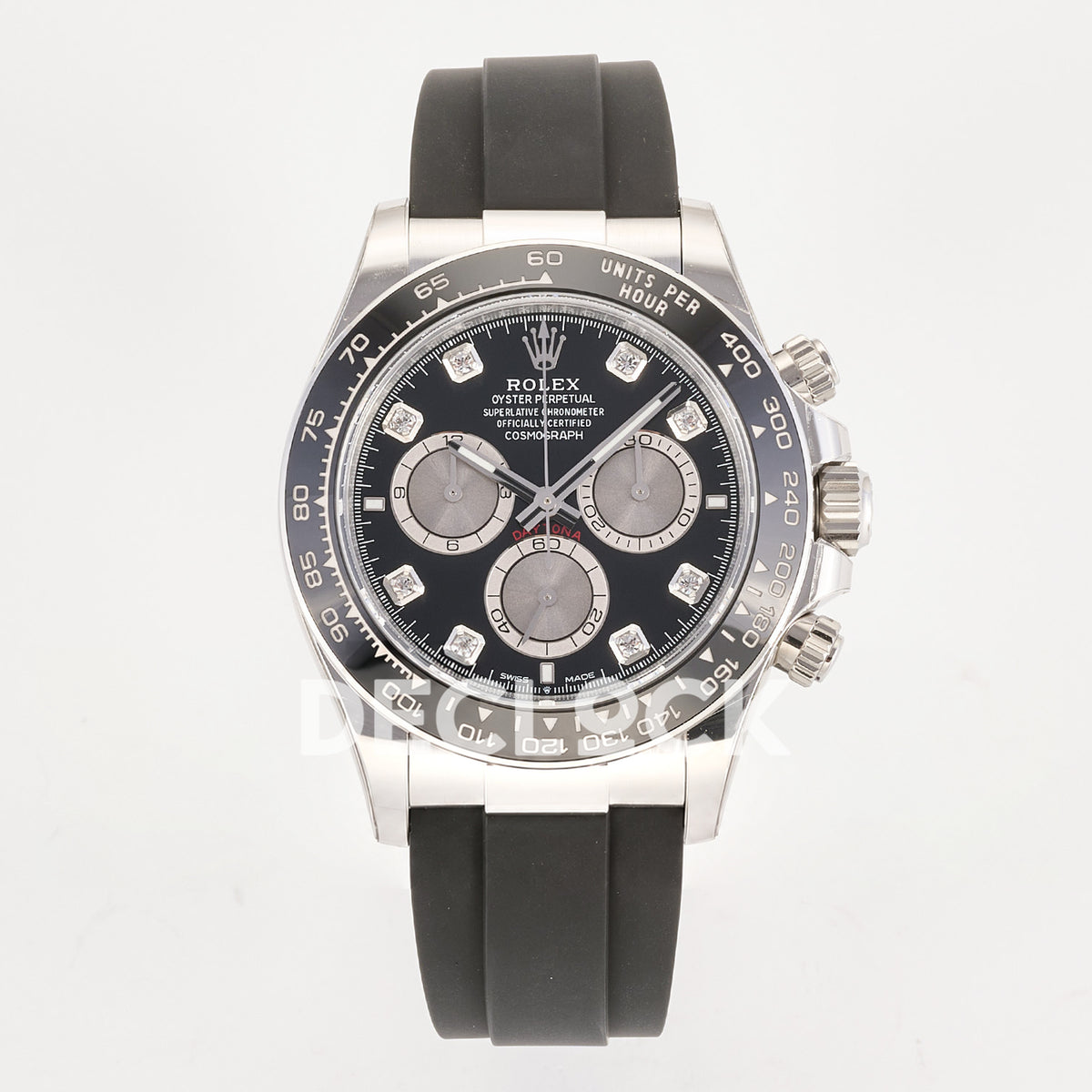 Rolex Daytona 126519 ARF replica - front view of black dial, silver counters and Oysterflex strap