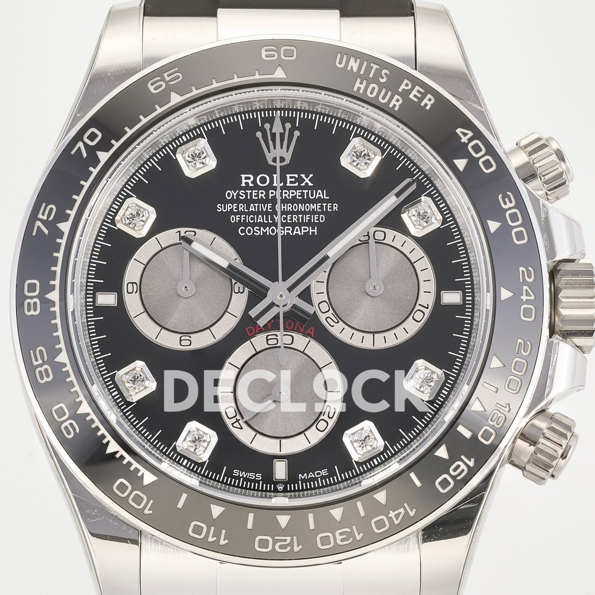 Rolex Daytona 126519 ARF replica - black dial, decorative stone hour markers and silver chronograph counters