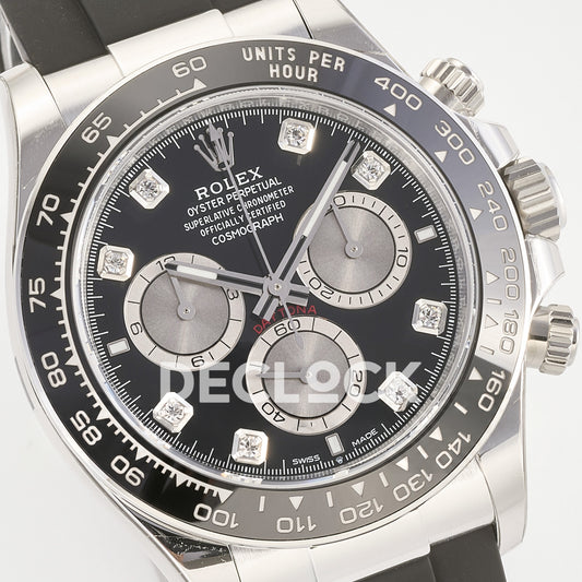 Rolex Daytona 126519 ARF replica - angled black dial and silver counters close-up