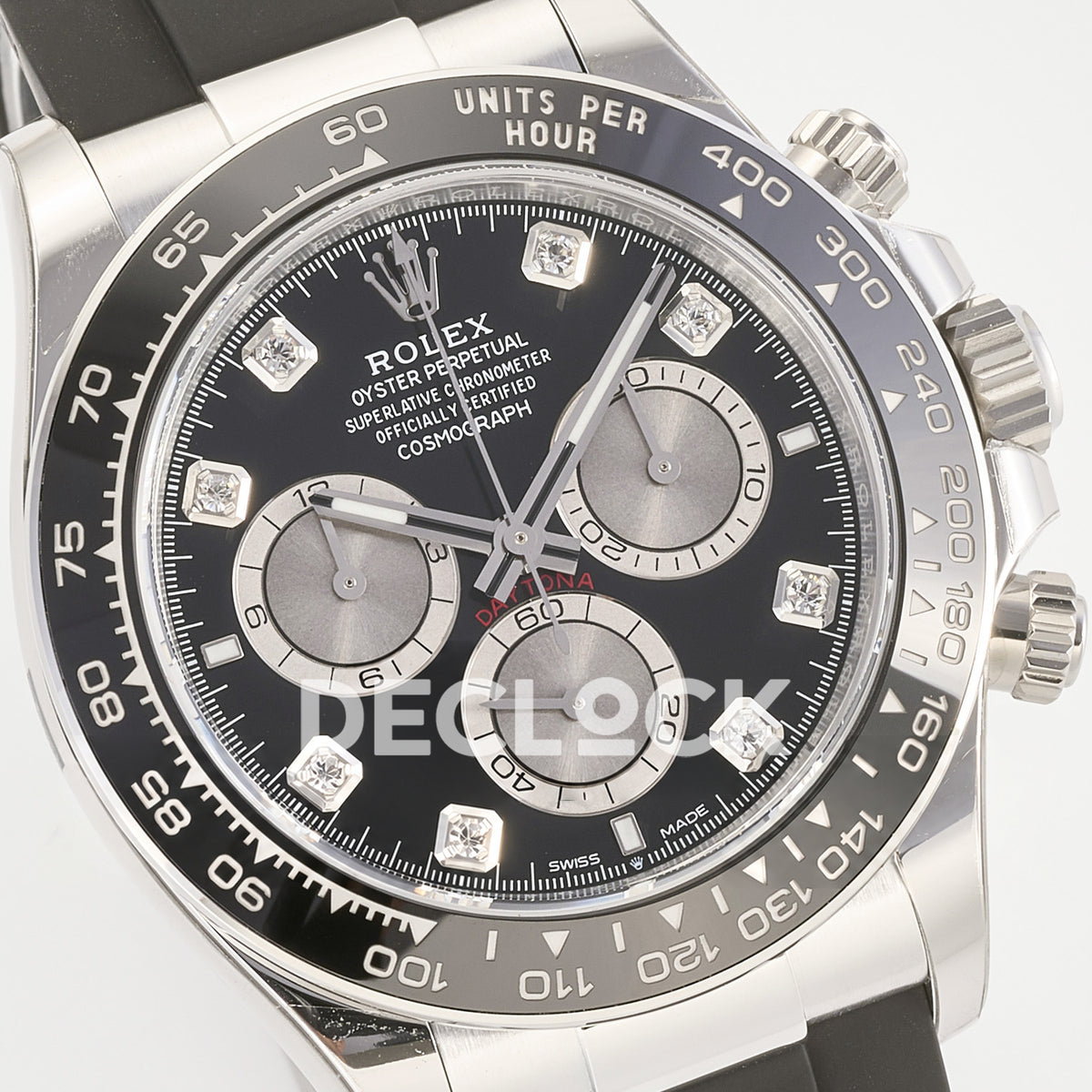 Rolex Daytona 126519 ARF replica - angled black dial and silver counters close-up