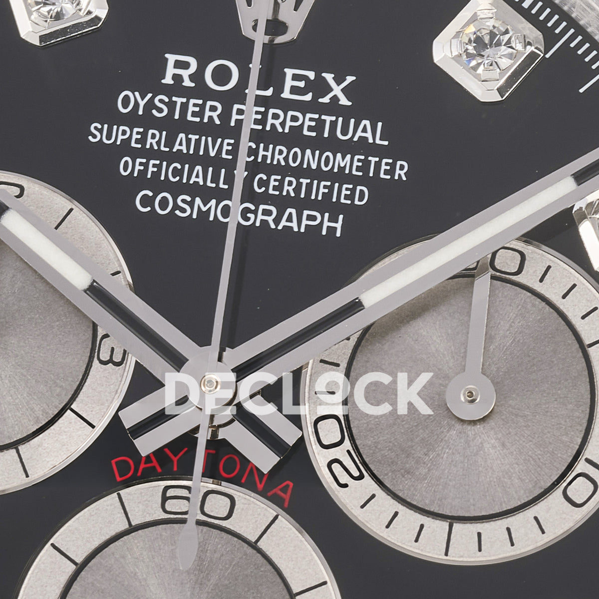 Rolex Daytona 126519 ARF replica - original black dial with silver chronograph faces, clear stone hour markers, silver hands, white Rolex printing and red Daytona text, black ceramic tachymeter bezel and black Oysterflex strap