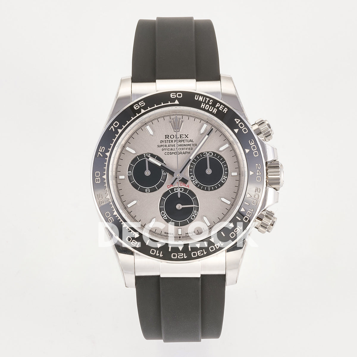 Rolex Daytona 126519 ARF replica - front view of grey sunburst dial with black chronograph counters and black Oysterflex strap