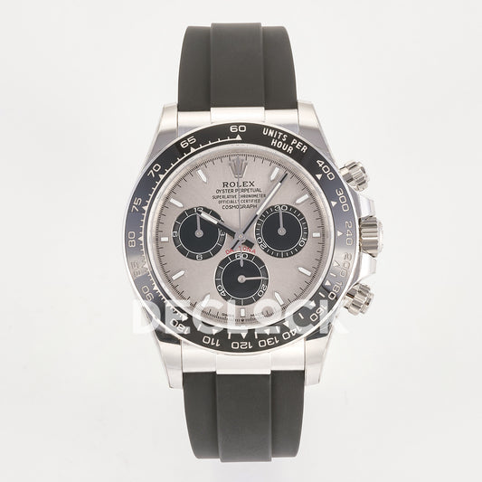 Rolex Daytona 126519 ARF replica - front view of grey sunburst dial with black chronograph counters and black Oysterflex strap