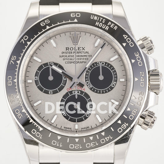 Rolex Daytona 126519 ARF replica - grey sunburst dial with black chronograph counters, silver hands and luminous baton hour markers close-up