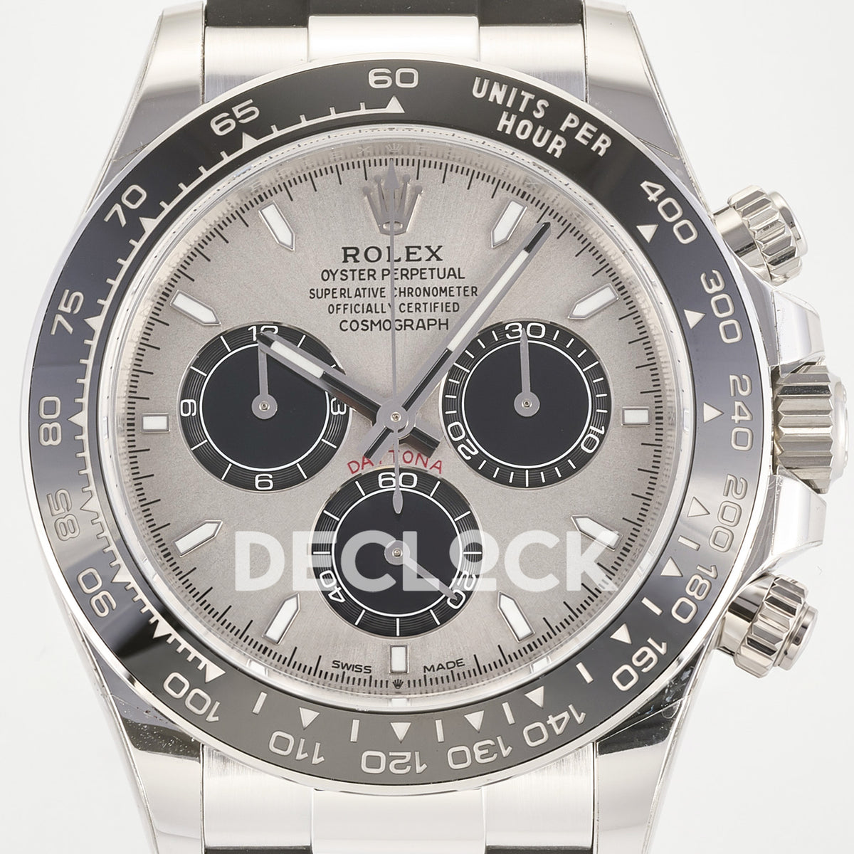Rolex Daytona 126519 ARF replica - grey sunburst dial with black chronograph counters, silver hands and luminous baton hour markers close-up