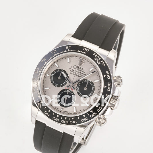 Rolex Daytona 126519 ARF replica - angled front view of grey sunburst dial with black chronograph counters and black ceramic tachymeter bezel