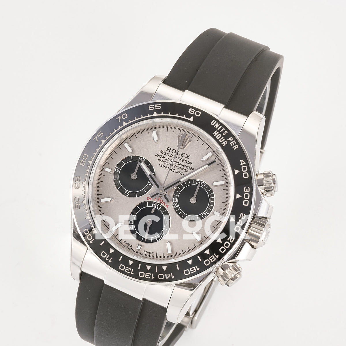 Rolex Daytona 126519 ARF replica - angled front view of grey sunburst dial with black chronograph counters and black ceramic tachymeter bezel