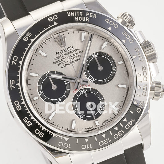 Rolex Daytona 126519 ARF replica - angled grey sunburst dial with black chronograph counters close-up