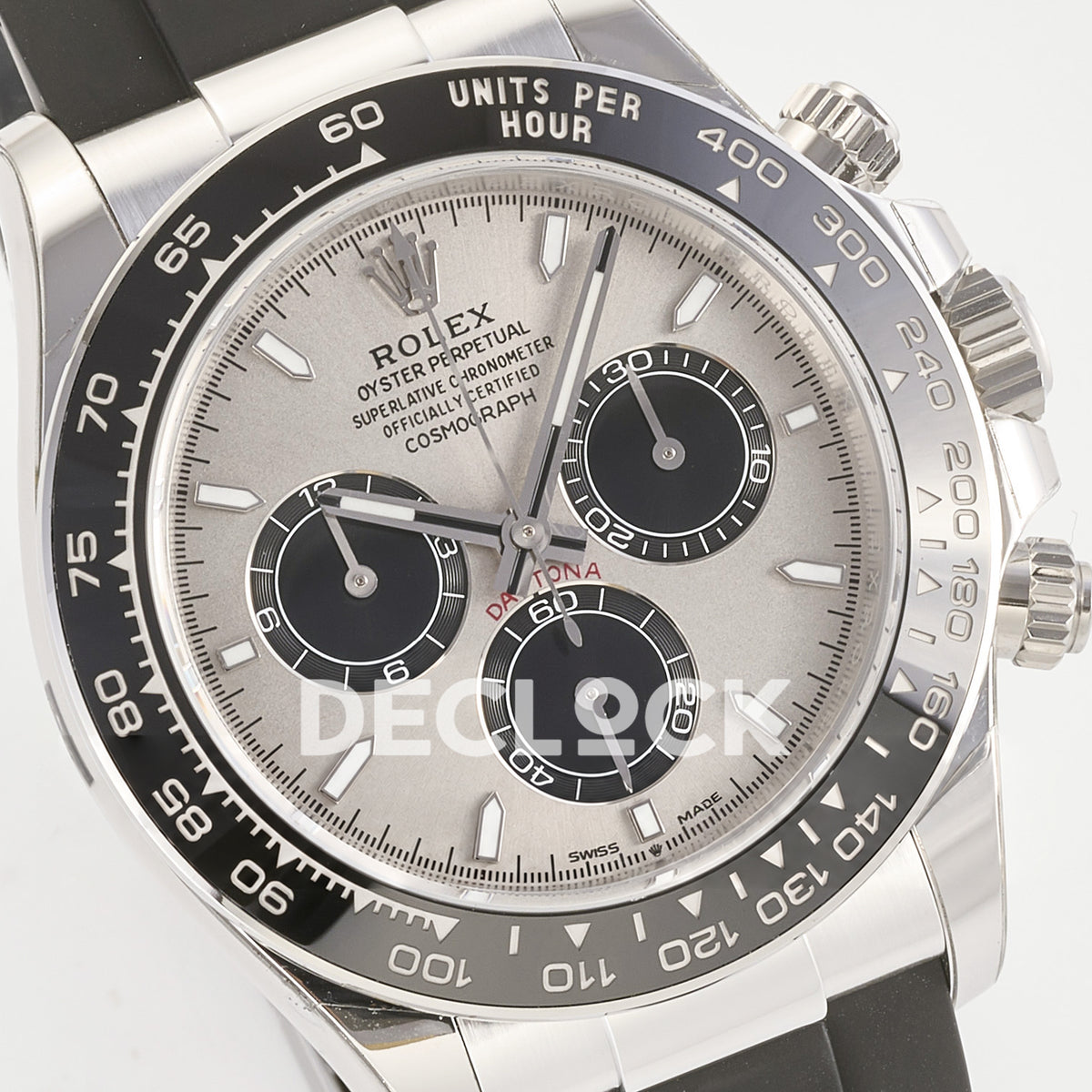 Rolex Daytona 126519 ARF replica - angled grey sunburst dial with black chronograph counters close-up