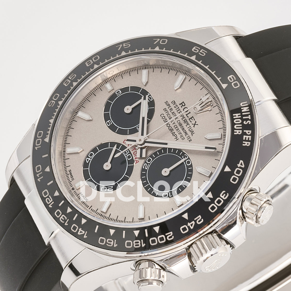 Rolex Daytona 126519 ARF replica - opposite angled grey sunburst dial with black chronograph counters view
