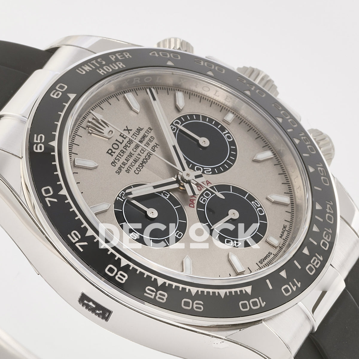 Rolex Daytona 126519 ARF replica - grey sunburst dial with black chronograph counters, luminous baton markers and tachymeter detail
