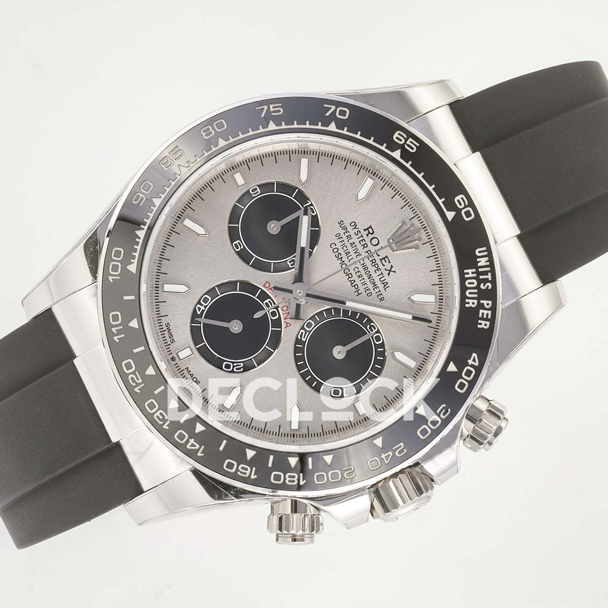 Rolex Daytona 126519 ARF replica - horizontal front view of grey sunburst dial with black chronograph counters and black Oysterflex strap